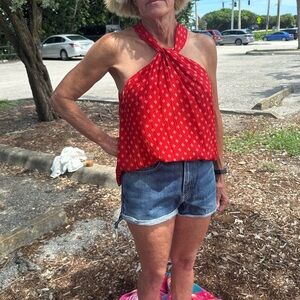 Joie Red Halter Blouse with Denim Shorts